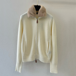 「一眼显贵」羊绒华夫格毛衣外套女可拆卸兔毛领双拉链针织开衫春