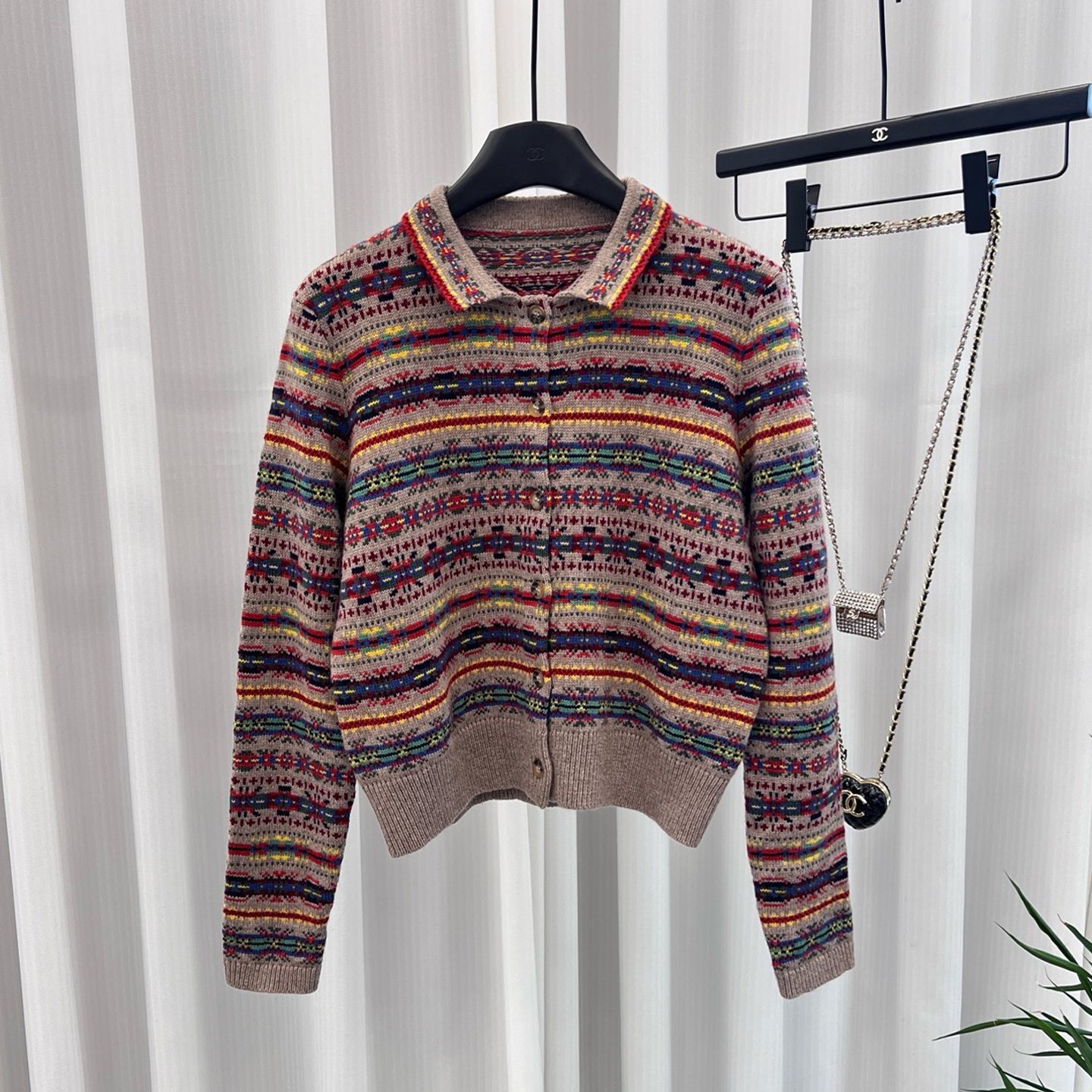 【羊毛混纺】法式小香风彩色提花针织开衫女秋冬短款翻领毛衣外套