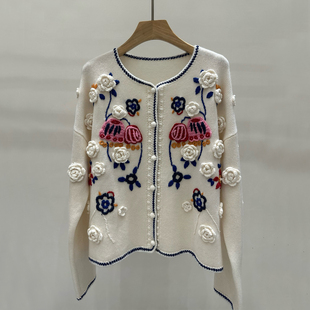 女毛衣外套春 重工纯手工立体玫瑰花朵羊绒针织开衫 美到心尖上