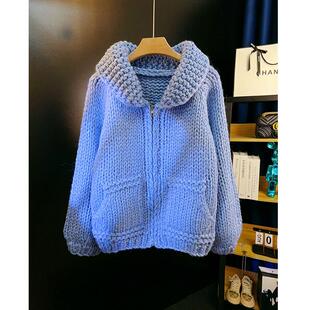 高级感复古手打慵懒风蓝色粗线毛衣外套女装拉链针织开衫加厚秋冬