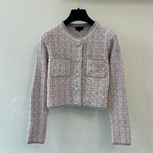 小香风名媛银线钉珠圆领针织开衫女早春新款长袖短款外套气质上衣