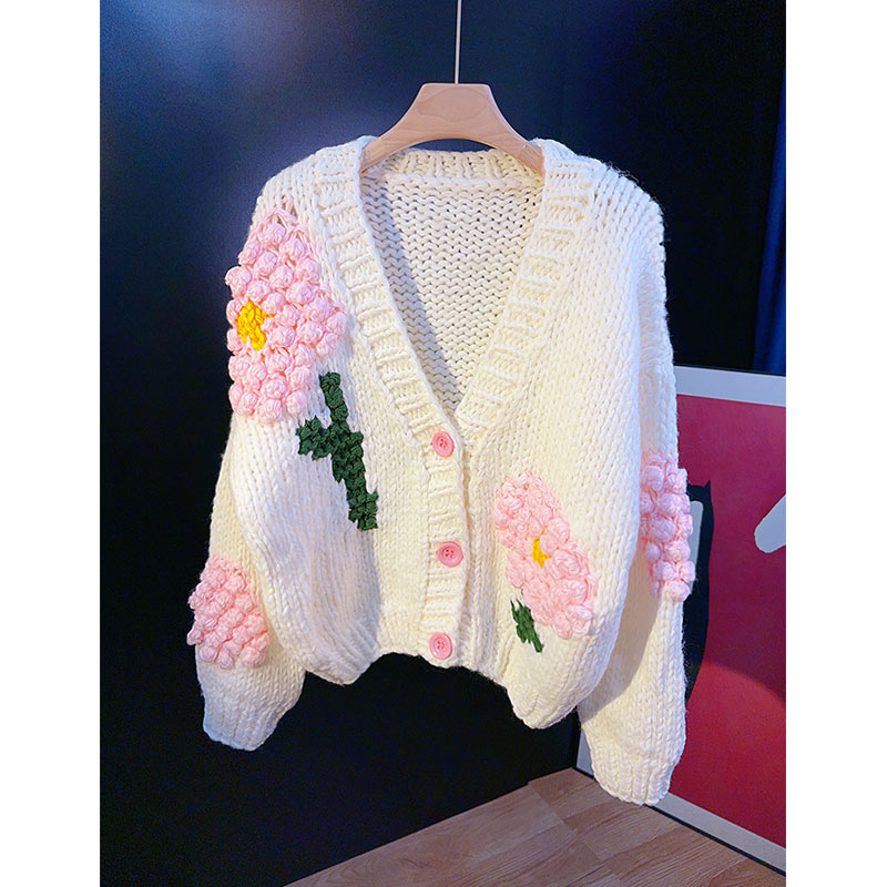 纯手工棒针粗线立体花朵针织开衫毛衣外套女V领宽松加厚款上衣