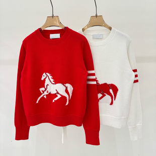 新年开运红！本命年红色骏马图案TB羊毛针织衫女秋冬圆领套头毛衣