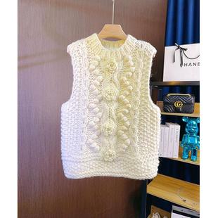 2024秋冬新款手工编织麻花白色毛衣女粗棒针马甲无袖套头针织背心
