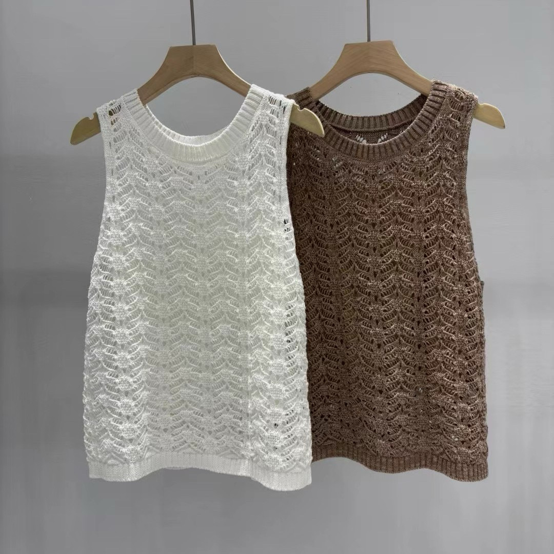 精巧绝伦！【配吊带】珠片亚麻镂空钩花针织背心女夏外穿薄款无袖