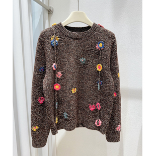 春日浪漫|恋恋花屋立体钩花毛衣女棕混纱羊绒羊毛针织衫套头上衣