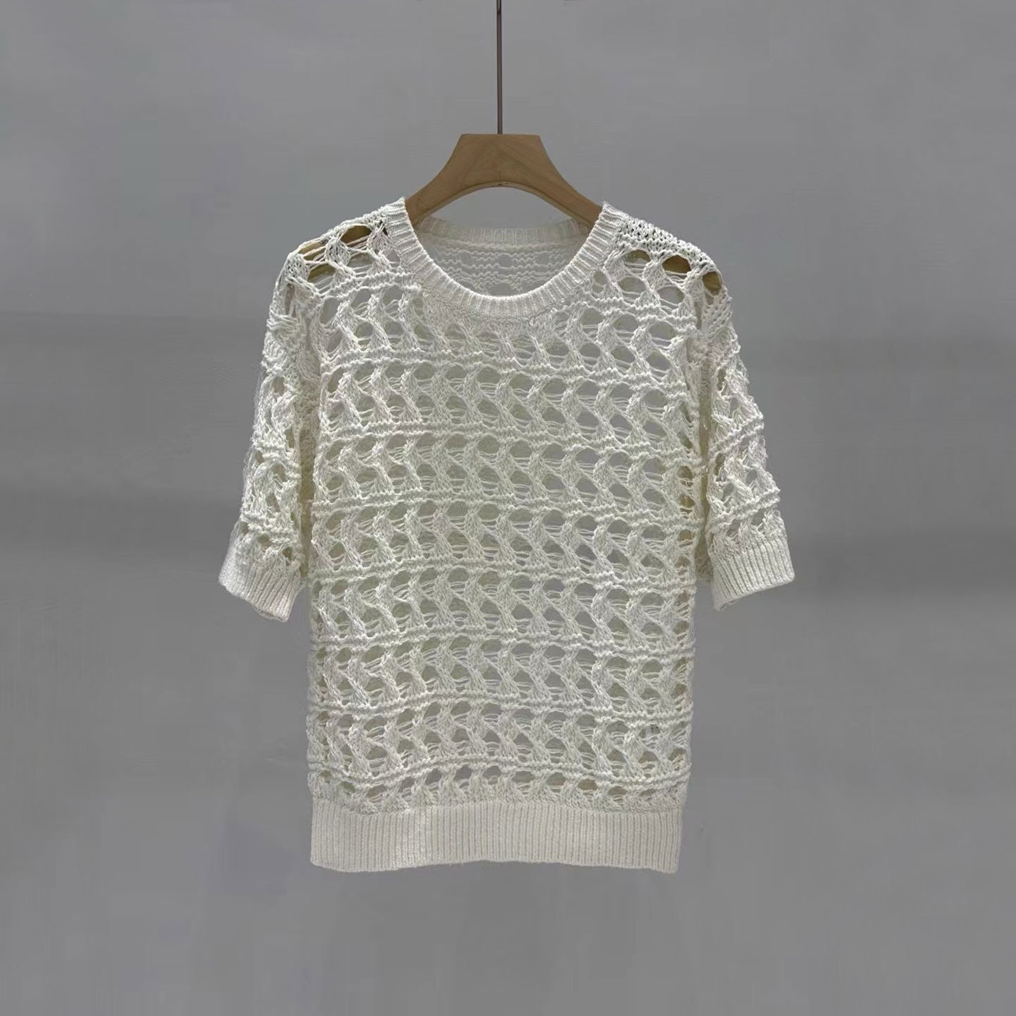 皎白逸影!进口棉麻纱线 镂空短袖针织衫夏季薄款罩衫女宽松上衣