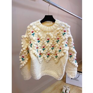 加厚毛衣女套头彩色绣花手打粗毛线秋冬新款宽松慵懒风针织衫长袖