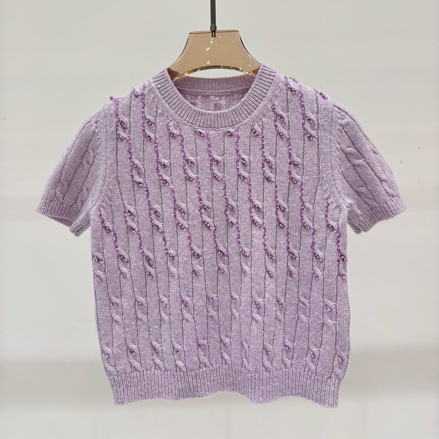 【马海毛+羊毛+桑蚕丝】手工串珠淡紫色麻花针织衫短袖女短款上衣