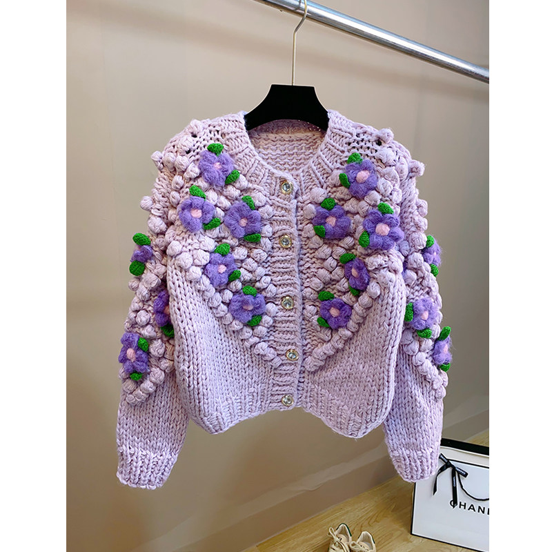 纯手工编织重工立体钩花豆豆毛球毛衣外套女秋冬长袖圆领毛衣外套