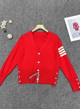DAX◆ tb开衫毛衣短款外套红色针织四条杠贴布新款春秋学院风上衣