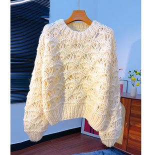 法式 女百搭毛衣上衣 慵懒风手工钩花镂空圆领套头针织衫