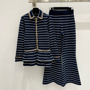 谁穿谁显贵!2026春新款小香风条纹套装 荷叶边针织上衣阔腿裤