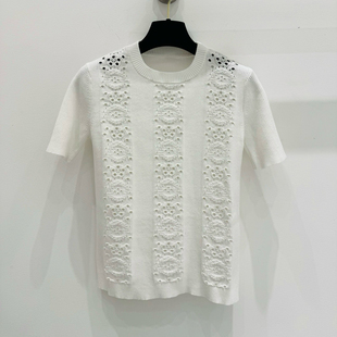 小香风优雅派！90%棉+10%麻！精致镂空提花白色短袖针织衫女上衣