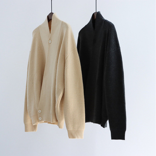 厚 领斜襟系扣廓形毛衣外套女针织开衫 100%羊毛 清冷知识分子法式
