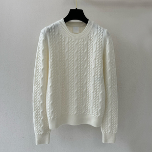经典白色羊绒衫 绞花毛衣女套头秋冬内搭圆领宽松显瘦麻花针织衫