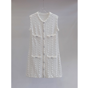 立体颗粒感~高级名媛小香风针织无袖连衣裙女夏季白色气质背心裙