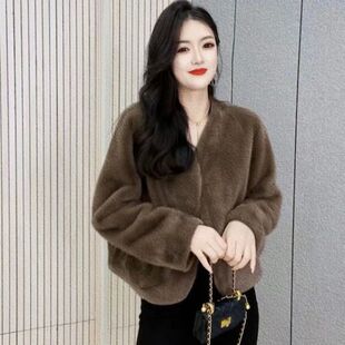 高档水貂绒外套轻奢时尚 欧貂绒雪兰貂皮毛一体米兰貂仿皮草短外套