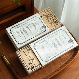 觉物文研所 复古植物花瓶印章 手帐素材diy木质橡胶印台套装