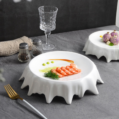 纯白陶瓷高脚盘意境菜冷菜摆盘不规则西餐盘子圆形糕点盘高圆桌盘