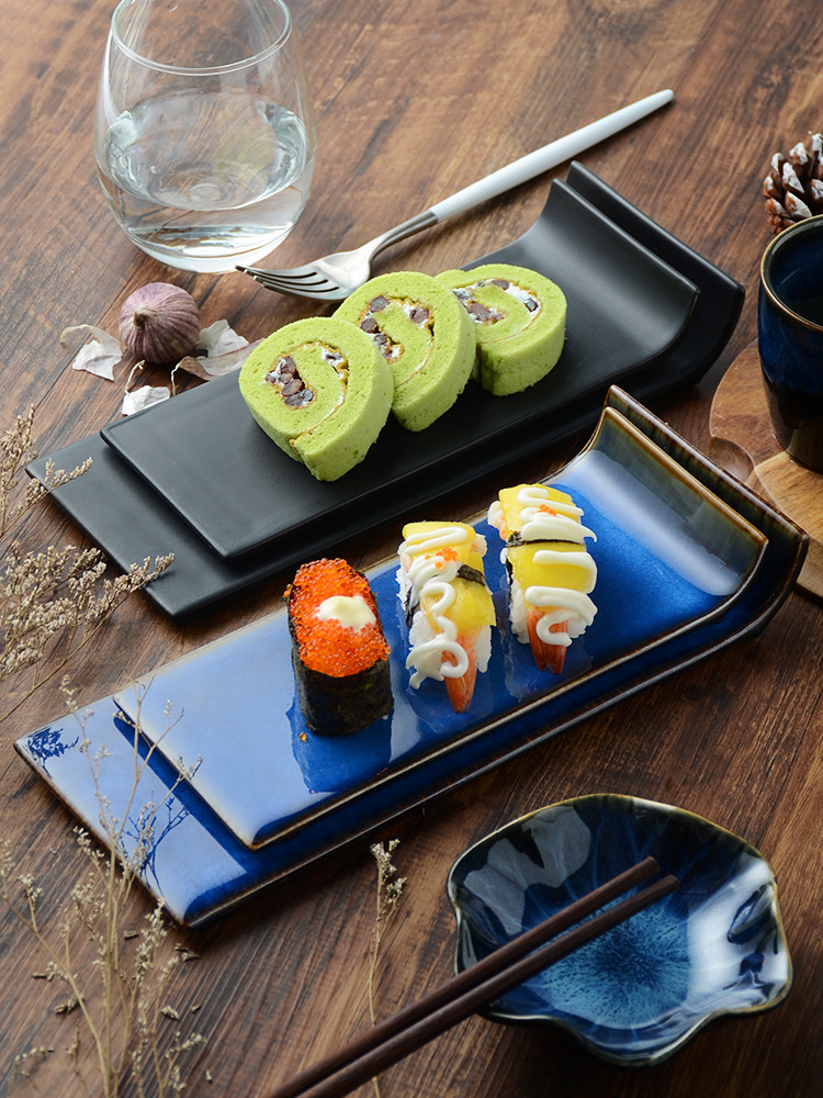 复古窑变长方甜品面包盘鸡翅盘陶瓷哑光日式寿司平盘鱼盘刺身摆盘