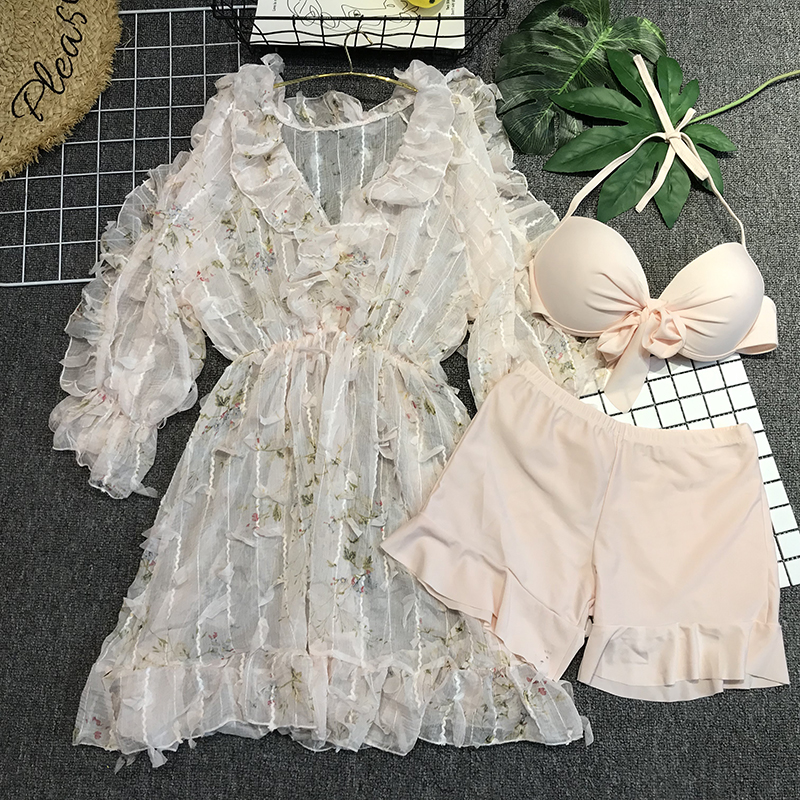 泳衣女三件套性感聚拢分体裙式遮肚显瘦仙女范蕾丝袖韩国ins泳装