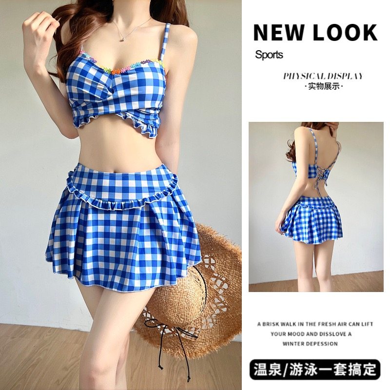 泳衣女2025新款爆款高级感格子小众设计感分体式泡温泉度假泳装