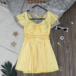 2025新款 小奶油鸡黄学生少女温泉游泳衣女 连体士保守保守遮肚裙式