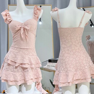 钢托聚拢显瘦遮肚温泉泳装 泳衣女款 连体纯色甜美少女纯欲连体裙式