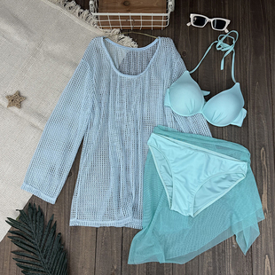 吊带四件套装 罩衫 女 泳衣女比基尼百搭甜美薄荷绿镂空针织衫 新款
