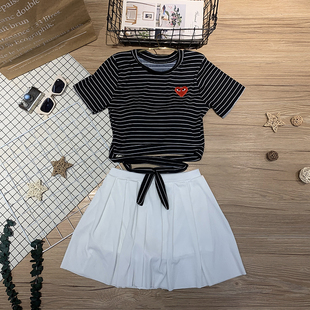 泳衣女保守短袖学生分体平角游泳衣2023新款显瘦遮肚运动温泉泳装