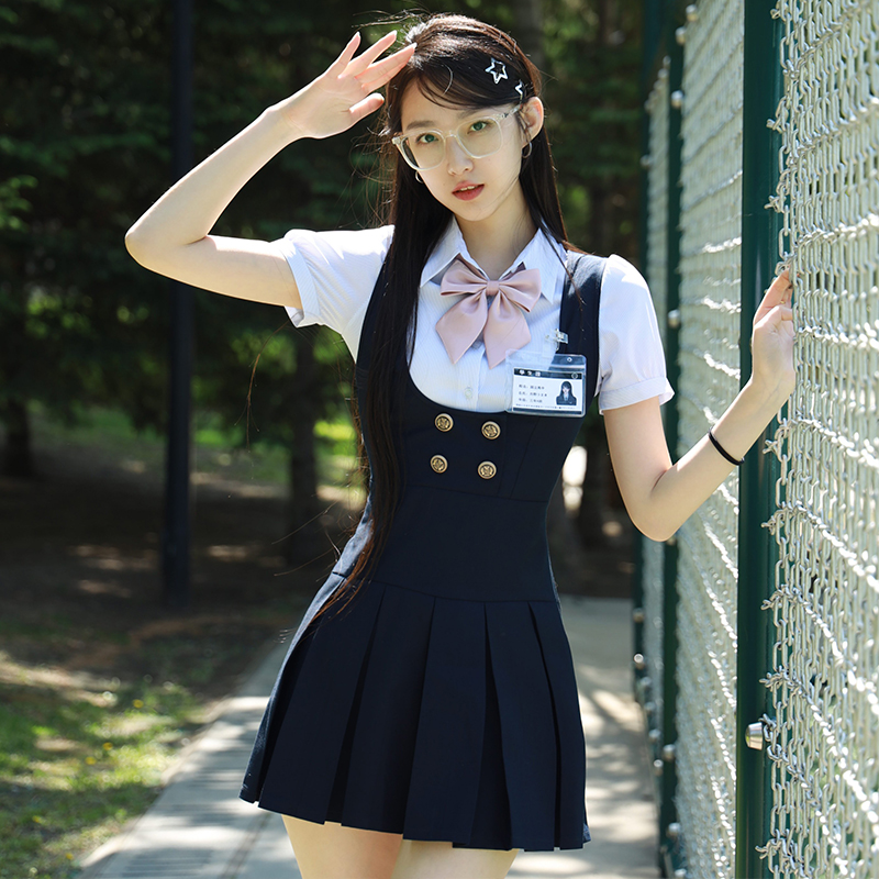 中牌清川女高收腰显瘦甜美jk制服绀色连衣裙夏季学院风衬衫套装