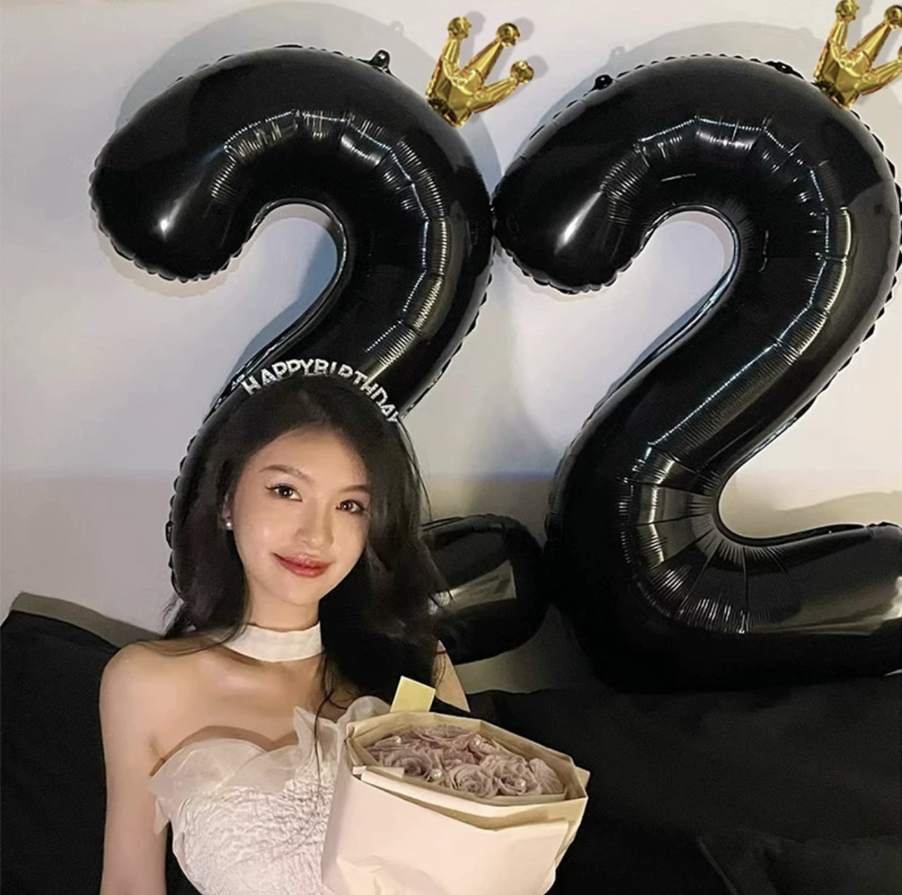 40寸黑色皇冠蝴蝶结数字气球生日拍照道具大号派对装饰场景布置