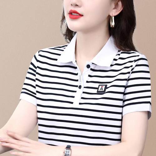 黑白条纹短袖t恤女polo衫