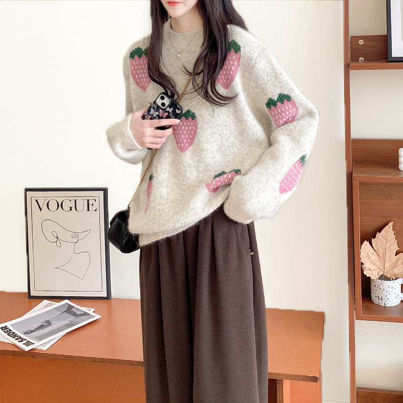 毛衣女款2024新款冬季韩系宽松圆领套头甜美草莓提花毛针织衫加厚
