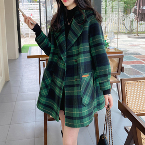 格子双面羊绒大衣女2023秋冬新款中款韩版双排扣西装呢子毛呢外套