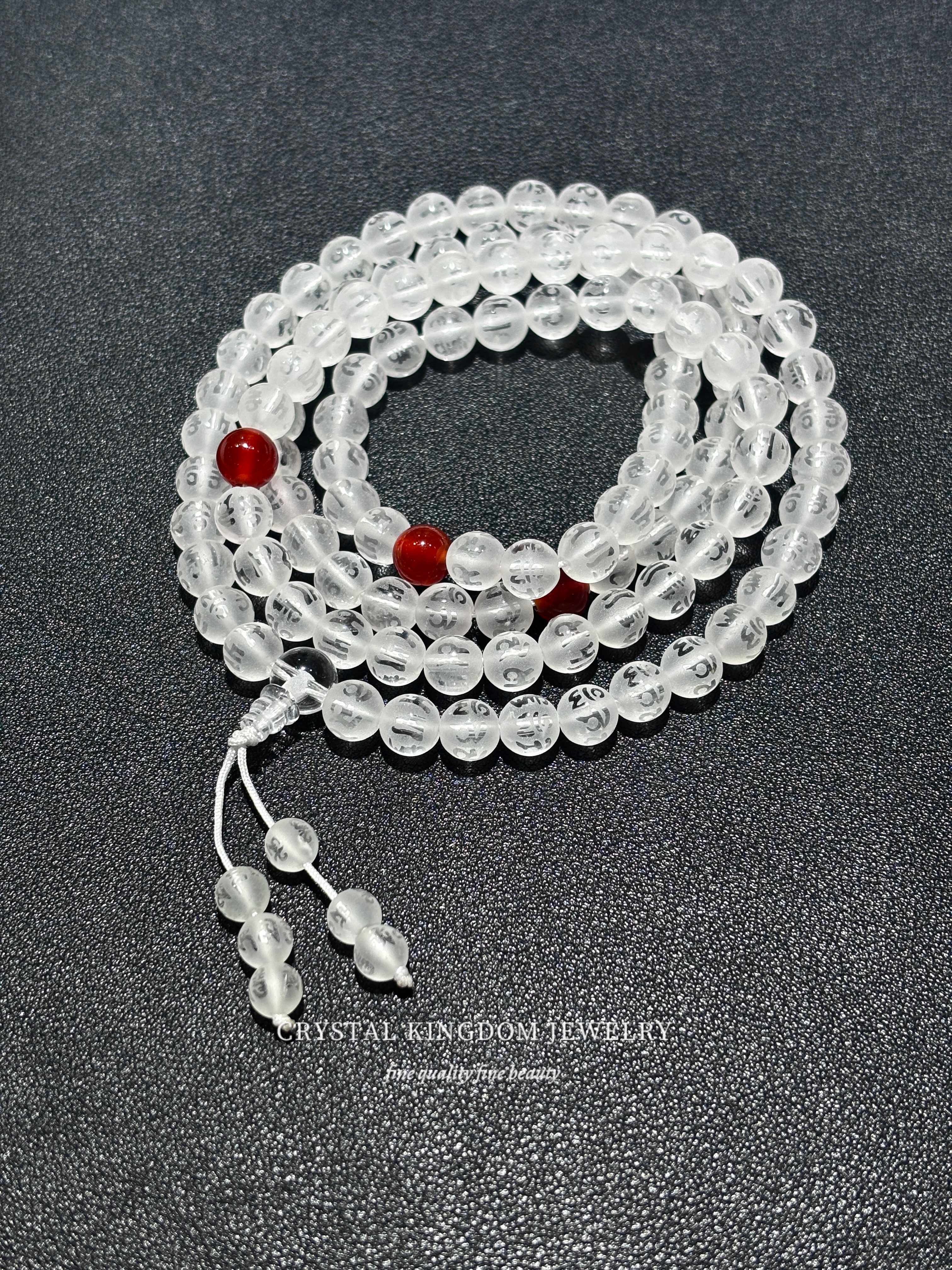 正品天然白水晶磨砂六字真言红玛瑙佛珠项链108颗念珠居士手串链