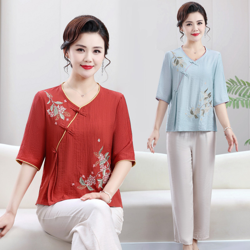妈妈夏装新中式棉麻刺绣小衫女