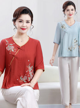 妈妈夏装新中式棉麻刺绣小衫女