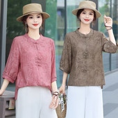 立领上衣T恤妈妈装 新中式 夏季 大码 复古盘口棉麻中袖 提花小衫 衬衫