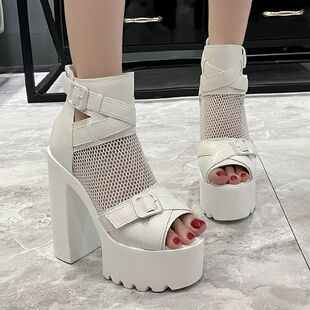 恨天高粗跟凉鞋15CM超高跟鞋防水台镂空网纱凉鞋白色鱼嘴单鞋女潮