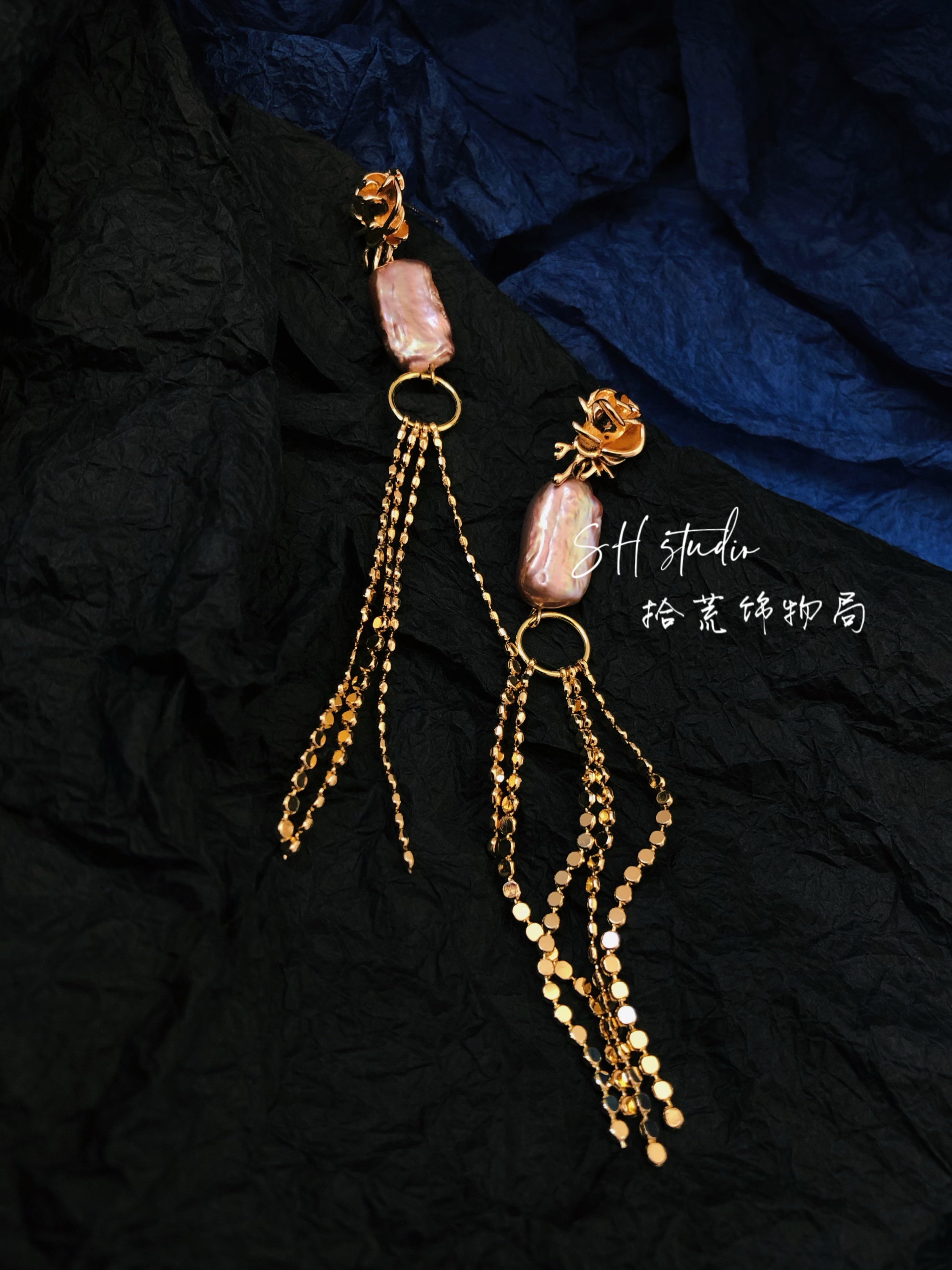 金色花朵流苏耳饰天然紫色珍珠紫金配色复古仙女风