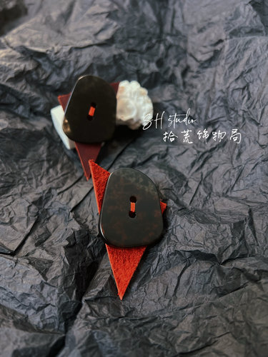 复古红色牛皮简约耳钉 红黑配色小众耳针耳夹拾荒饰物局