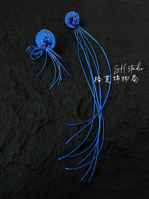 克莱因蓝原创设计编绳小众长流苏耳饰钉珠不规则不对称银针耳饰