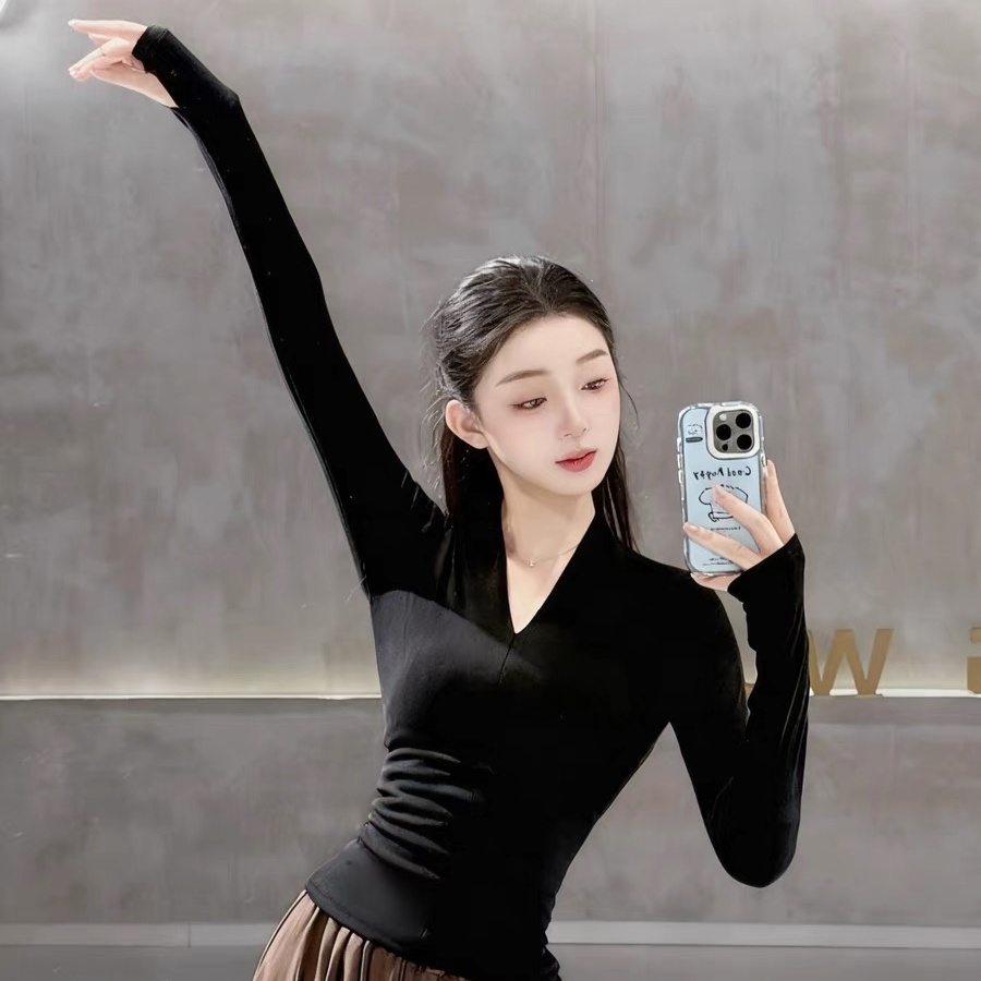 现代舞舞蹈形体秋冬练功服女艺考显瘦V领长袖套指古典舞上衣服装