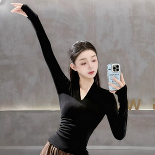 现代舞舞蹈形体秋冬练功服女艺考显瘦V领长袖 套指古典舞上衣服装