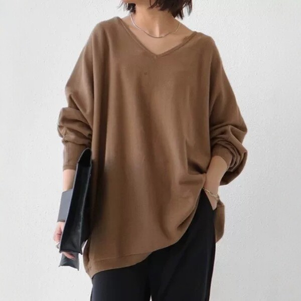 日本贵牌慵懒风V领针织衫女宽松落肩蝙蝠袖薄款套头毛衣上衣