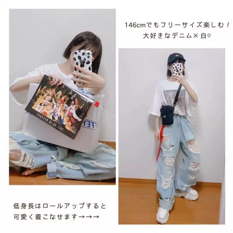 日系大破洞牛仔裤女街头复古毛须拉丝阔腿裤高街卷边直筒乞丐长裤
