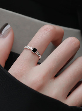 Z小姐925纯银黑色滴釉复古戒指气质简约时尚高级感个性食指开口戒