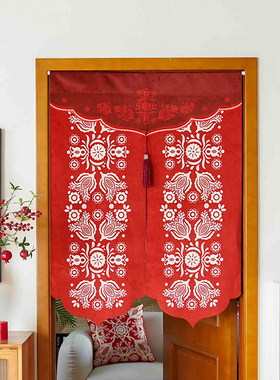 2026新年门帘双面红色喜庆隔断帘半帘高级感绒布免打孔挂帘遮挡帘
